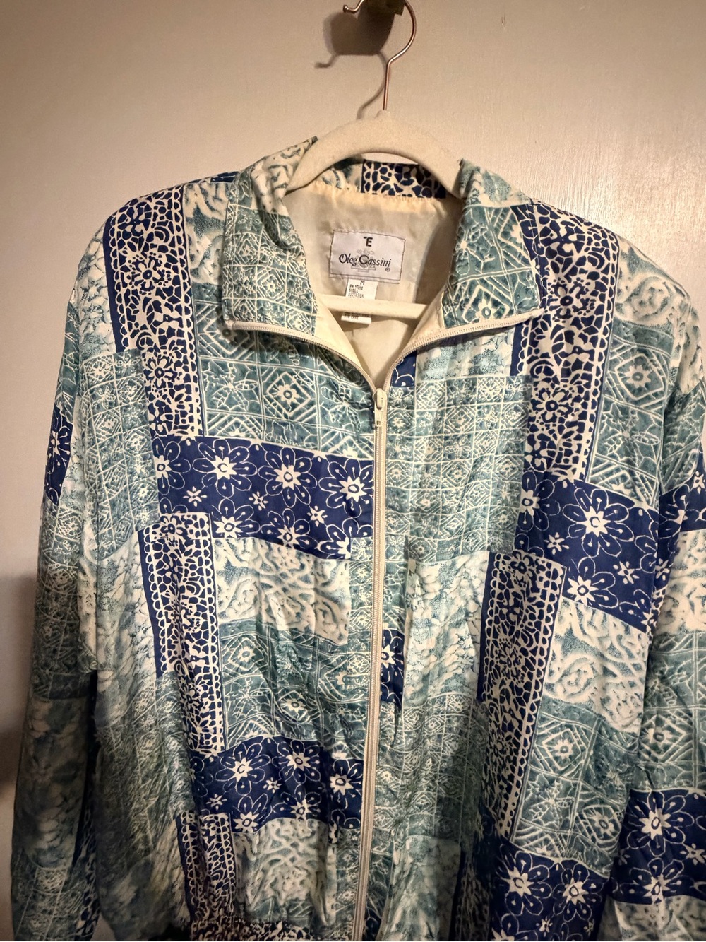 Vintage Oleg Cassini 100% Silk Patchwork Bomber Jacket Blue Teal Zip Medium - Picture 4 of 12